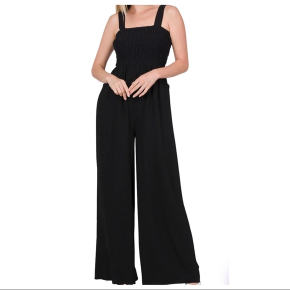 41 Mocha Boho Smocked Wide Leg Solid Knit Jumpsuit with Pocke… - Picture 5 of 7